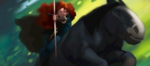 Merida en su caballo lista para disparar una flecha en Brave